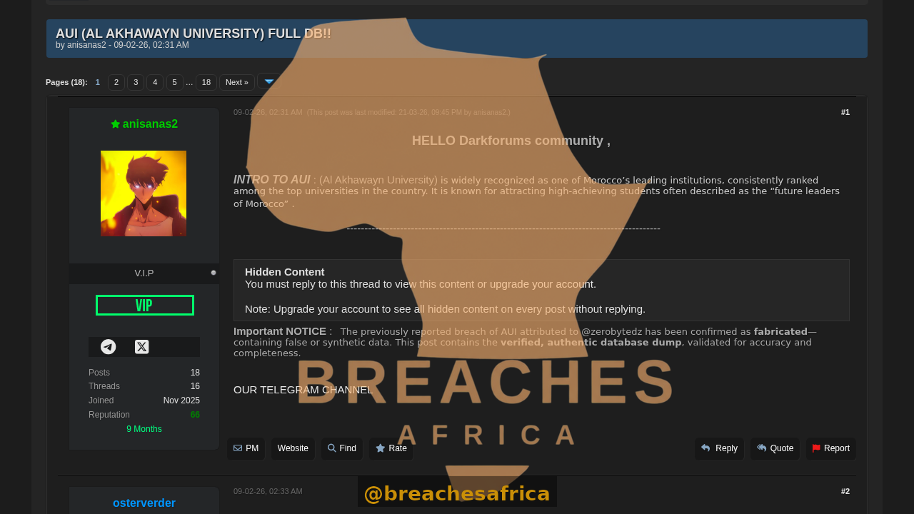 Screenshot of the Al Akhawayn University database thread on DarkForums