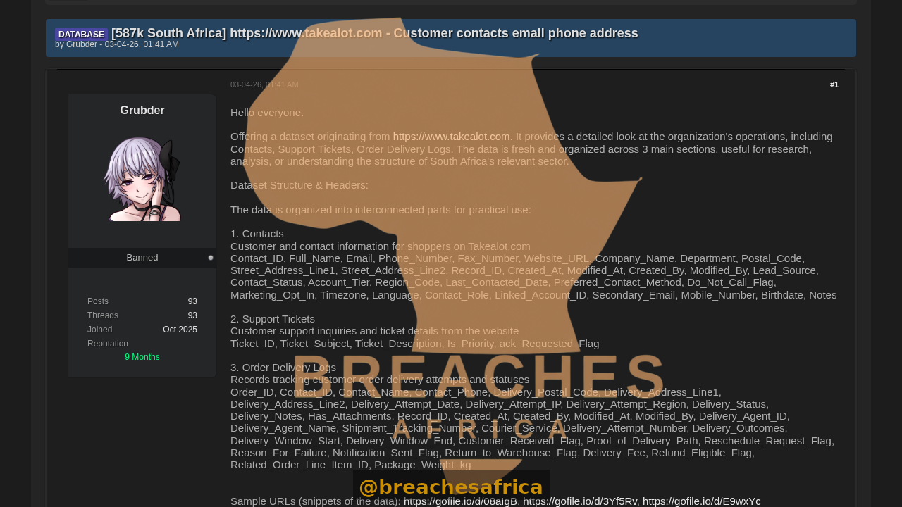 Screenshot of the Takealot dataset listing on DarkForums
