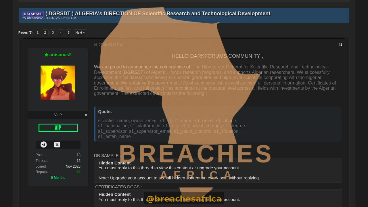 Screenshot of the DGRSDT compromise announcement on DarkForums