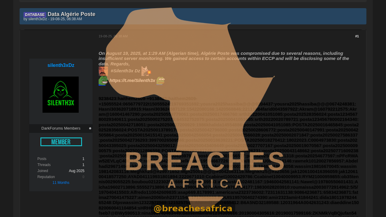Screenshot of the Algérie Poste data disclosure thread on DarkForums
