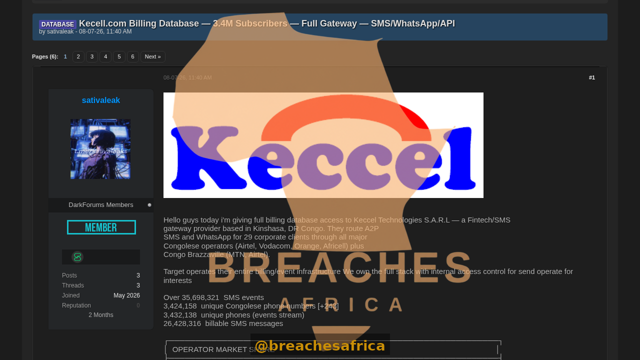 Screenshot of the Kecell billing database thread on DarkForums