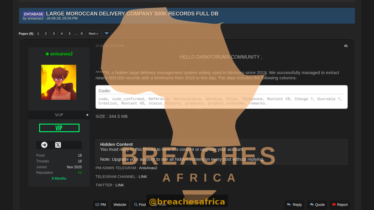 Screenshot of the Moroccan delivery database thread on DarkForums