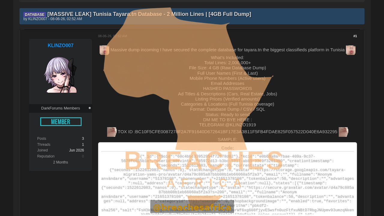 Screenshot of the Tayara.tn database listing on DarkForums