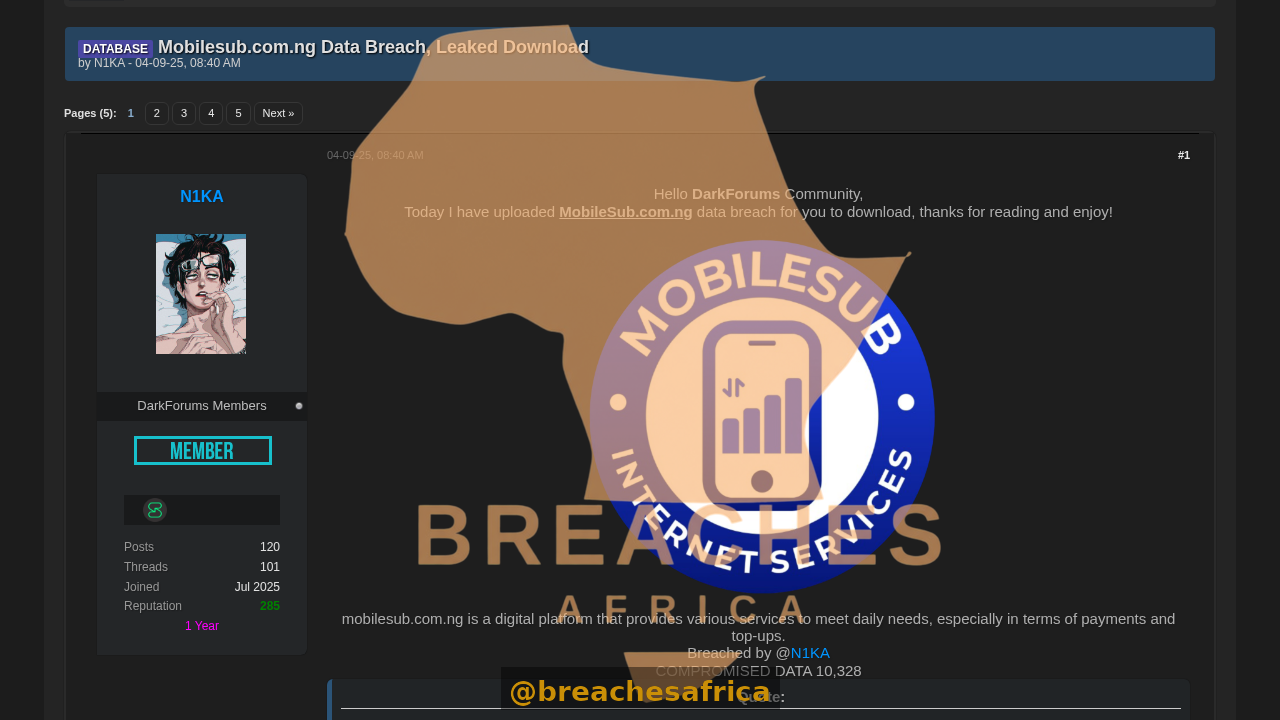 Screenshot of the MobileSub database thread on DarkForums