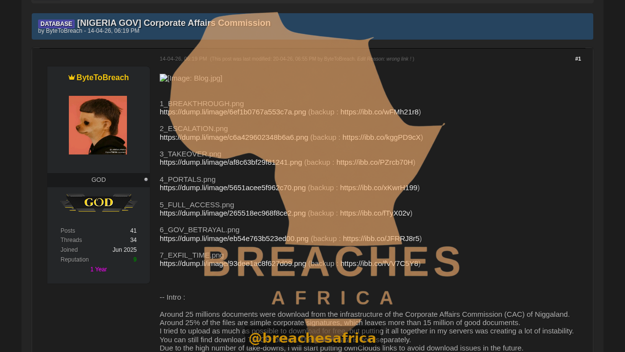Screenshot of the CAC breach thread on DarkForums