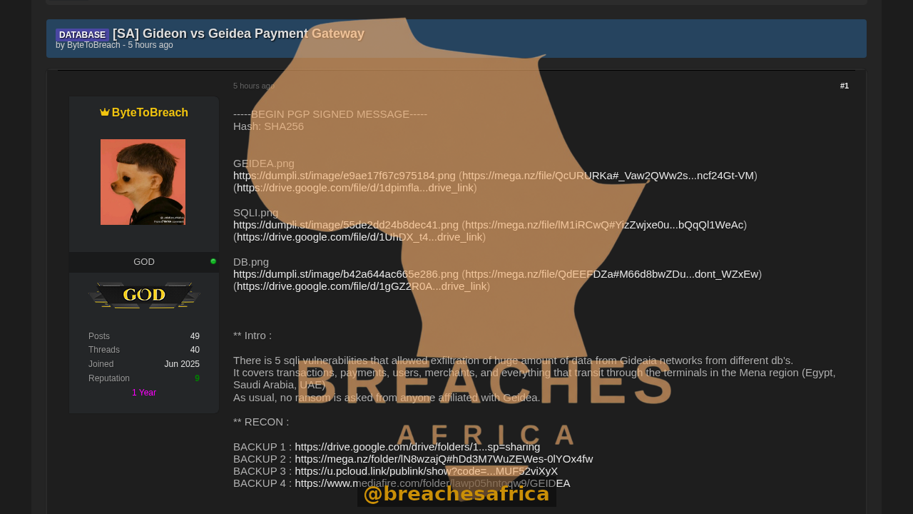 Screenshot of the DarkForums thread announcing the Geidea payment gateway data leak