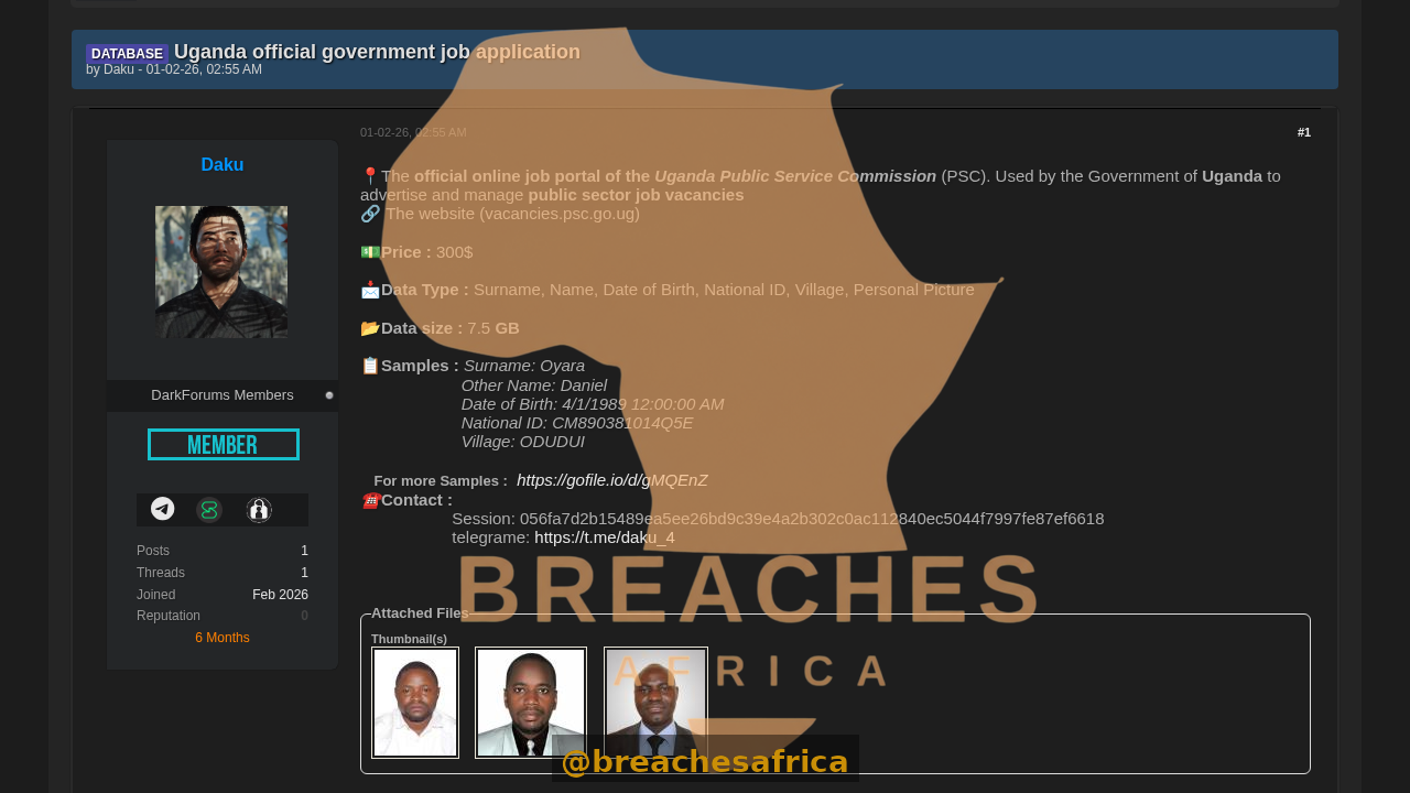 Screenshot of the Uganda PSC database sale thread on DarkForums