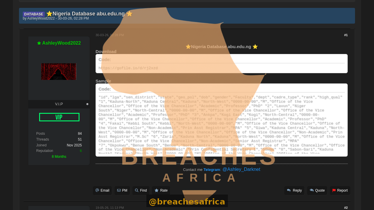 Screenshot of the abu.edu.ng database listing on DarkForums