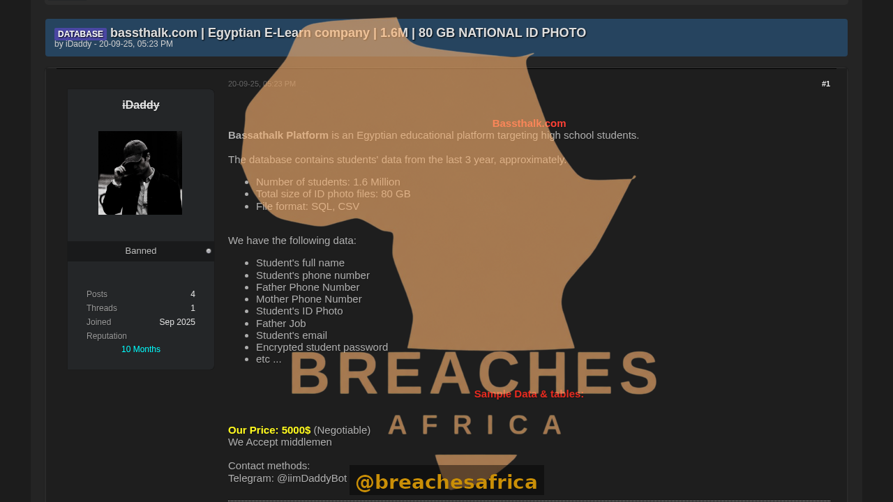 Screenshot of the Bassthalk database sale thread on DarkForums
