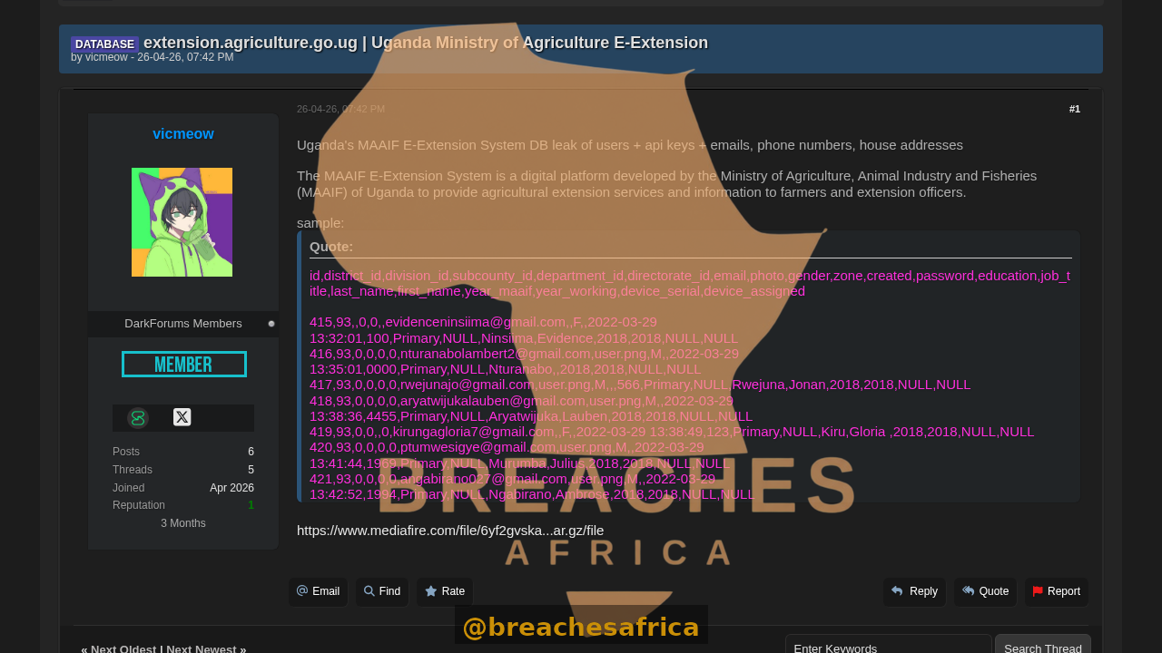 Screenshot of the MAAIF E-Extension database thread on DarkForums