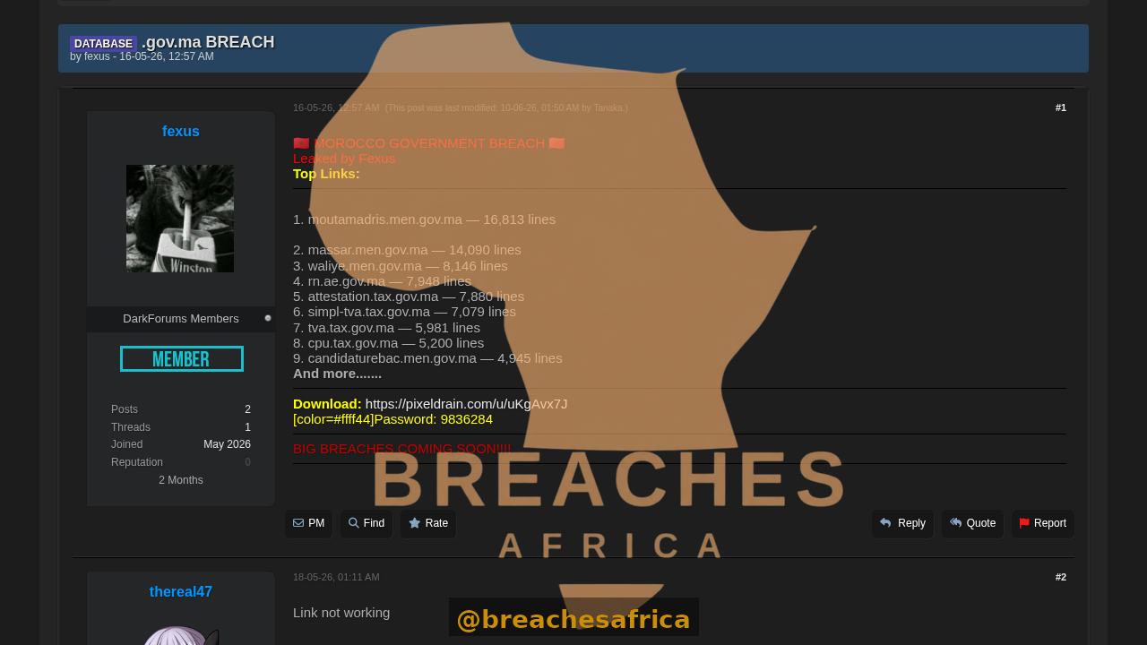 Screenshot of the.gov.ma breach listing on DarkForums