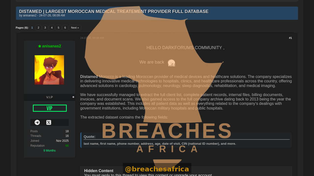 Screenshot of the Distamed database post on DarkForums
