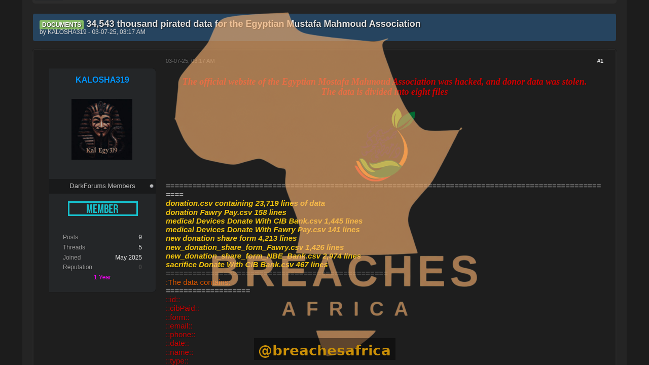 Screenshot of the Mostafa Mahmoud Association leak thread on DarkForums