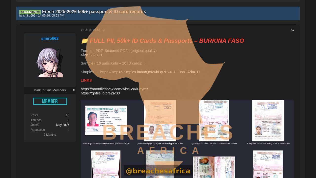 Screenshot of the Burkina Faso passport and ID card listing on DarkForums
