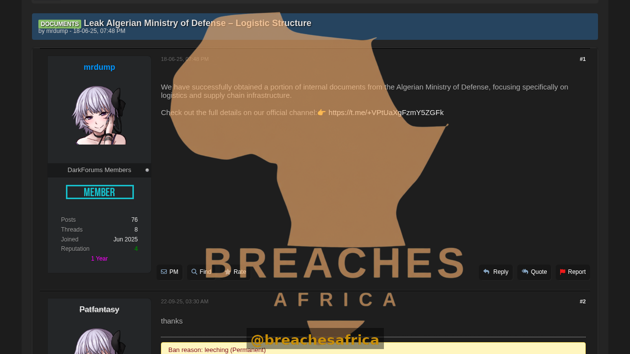 DarkForums thread on the Algerian Ministry of Defense leak