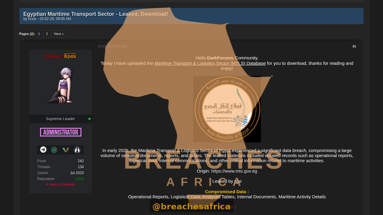 Screenshot of the Egyptian Maritime Transport leak thread on DarkForums