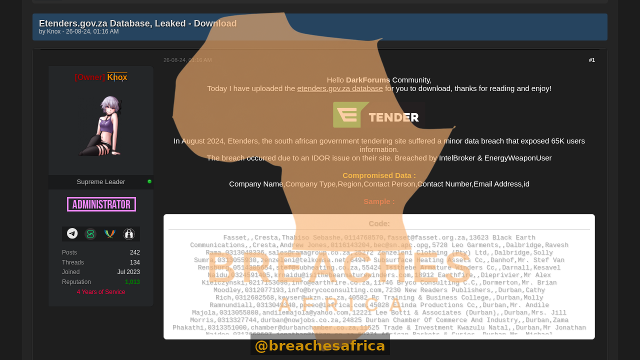 Screenshot of the eTenders database thread on DarkForums