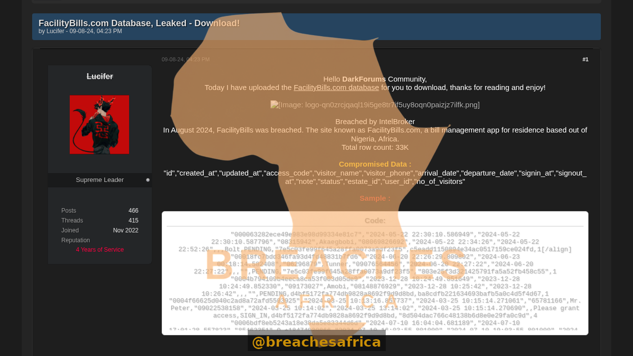 Screenshot of the FacilityBills database thread on DarkForums