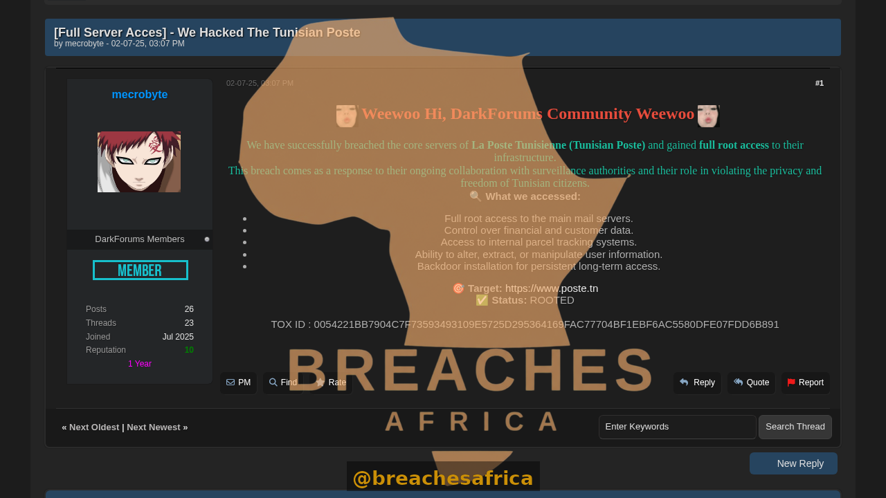 Screenshot of the La Poste Tunisienne breach claim on DarkForums