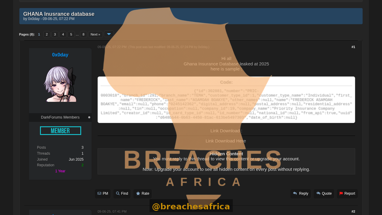 Screenshot of the Ghana insurance database thread on DarkForums