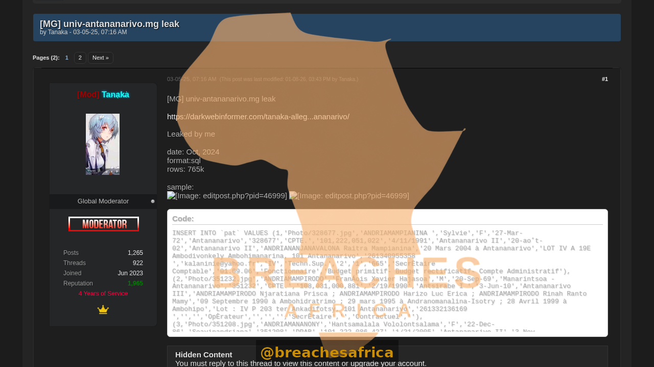 Screenshot of the University of Antananarivo leak thread on DarkForums