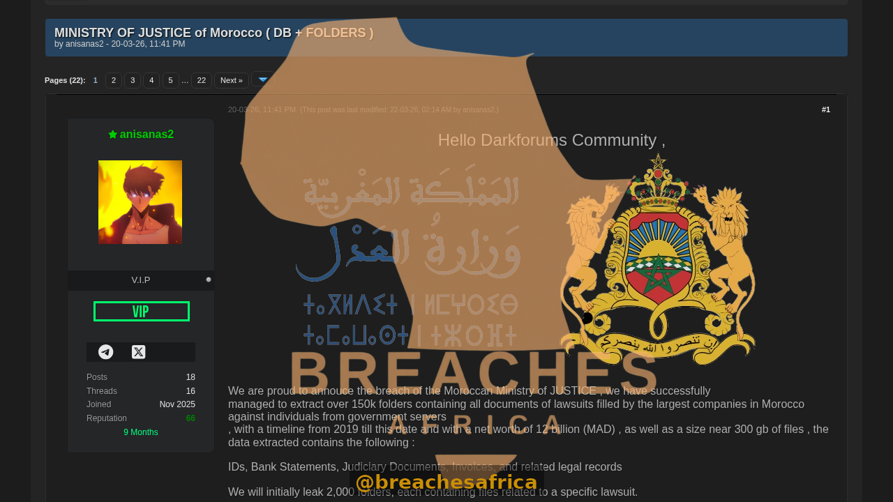 Screenshot of the Ministry of Justice breach announcement on DarkForums