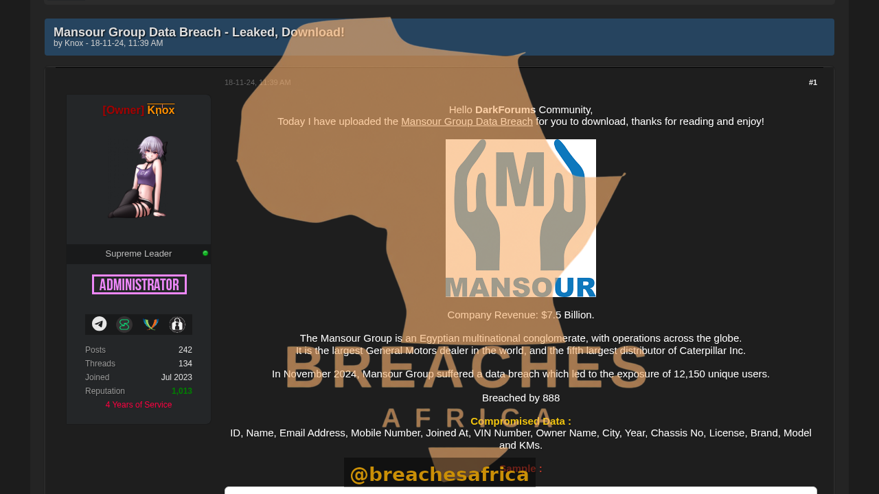 Screenshot of the Mansour Group data breach thread on DarkForums