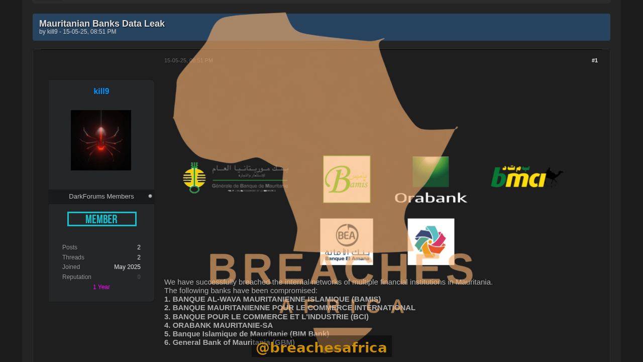 Screenshot of the Mauritanian banks leak thread on DarkForums