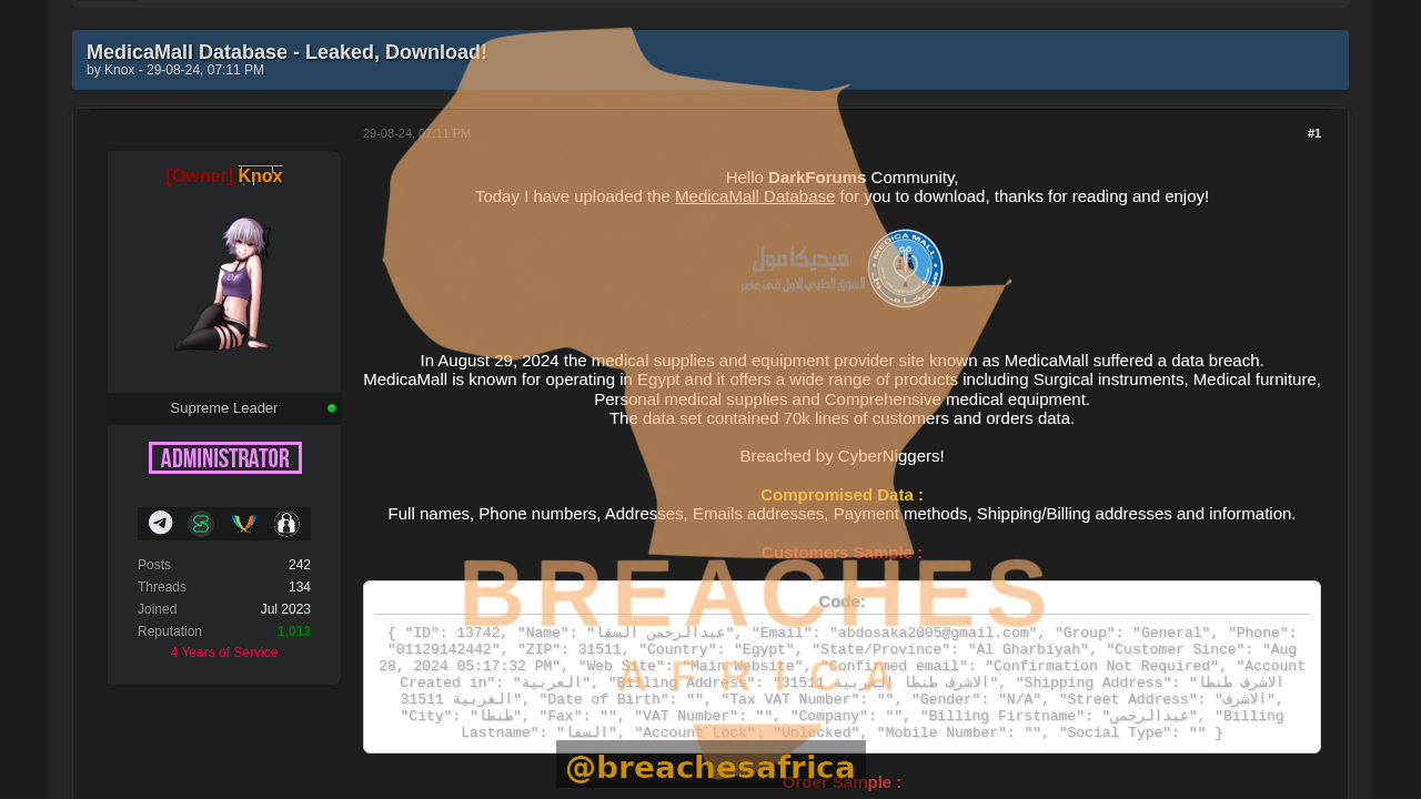 Screenshot of the MedicaMall database thread on DarkForums