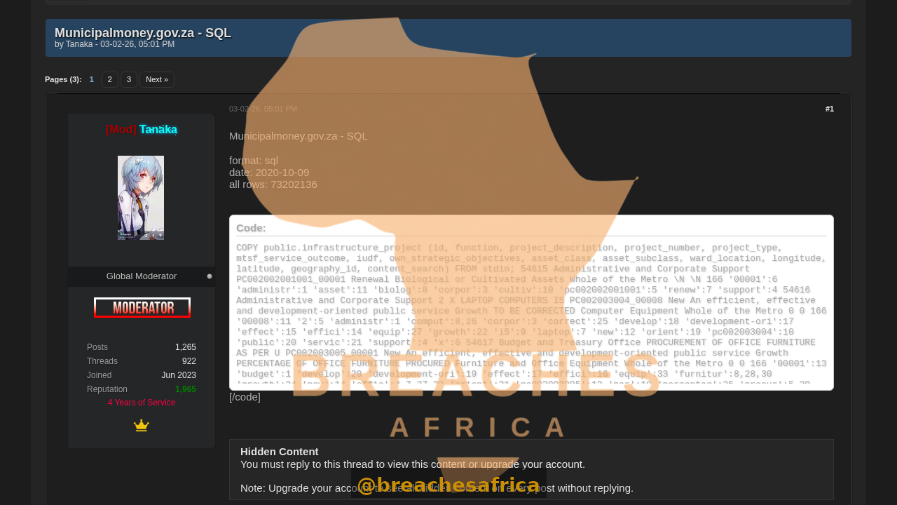 Screenshot of the Municipalmoney.gov.za SQL dump post on DarkForums