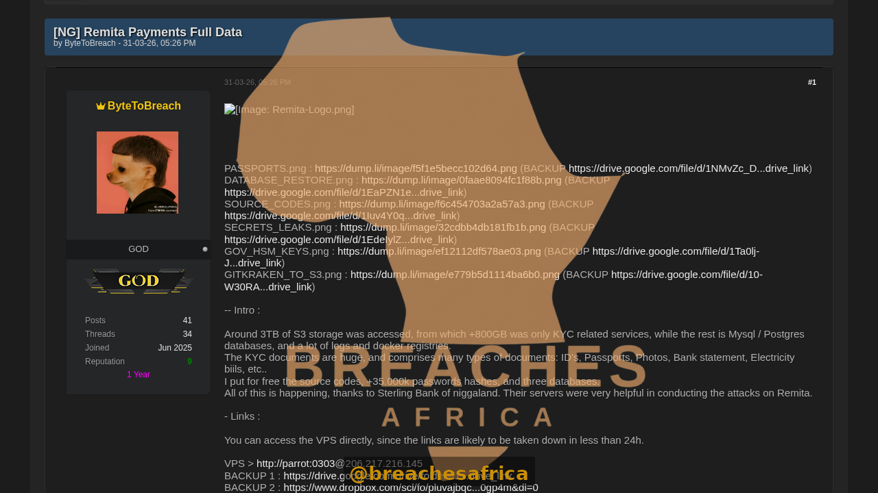 Screenshot of the Remita data breach thread on DarkForums