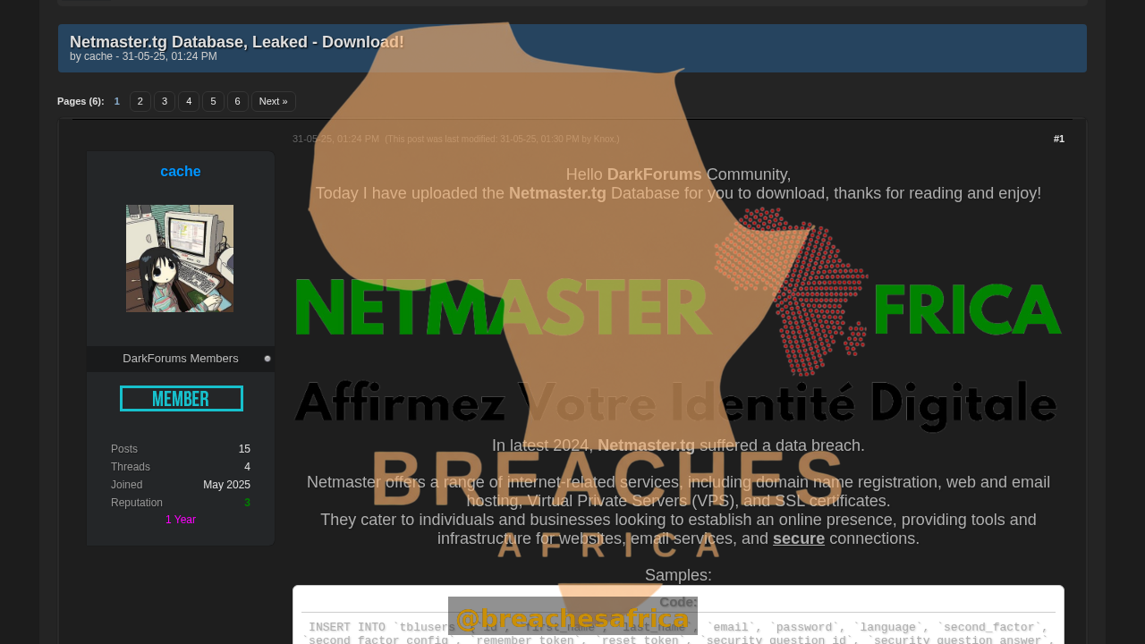 Screenshot of the Netmaster database thread on DarkForums