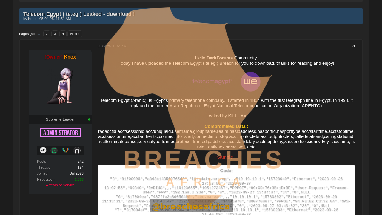 Screenshot of the Telecom Egypt leak thread on DarkForums