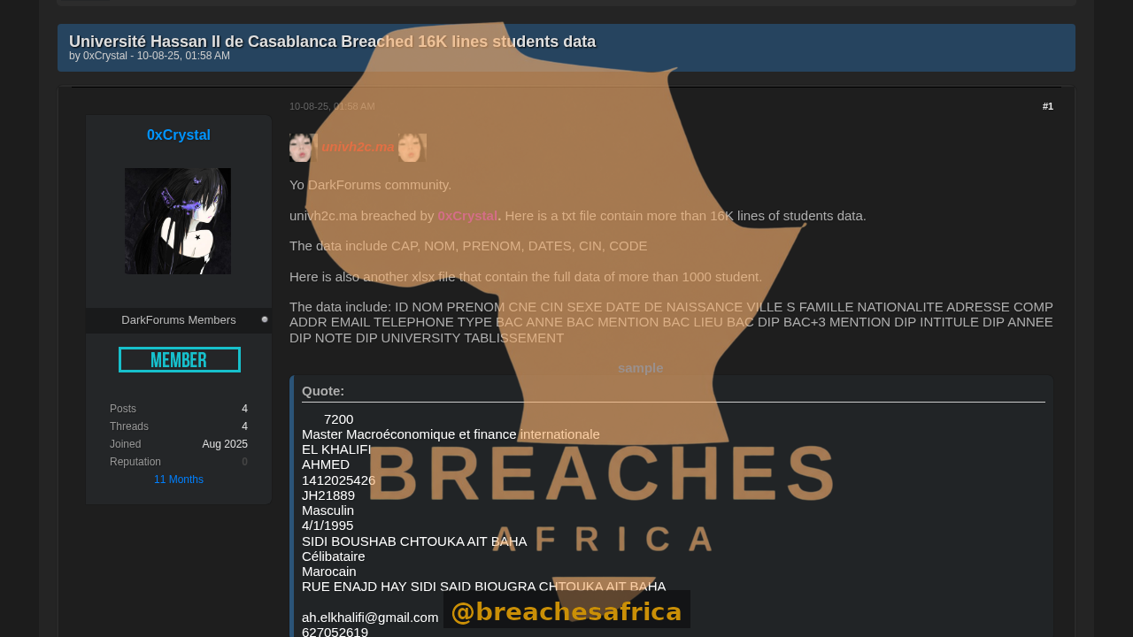 DarkForums thread on the Hassan II student data breach