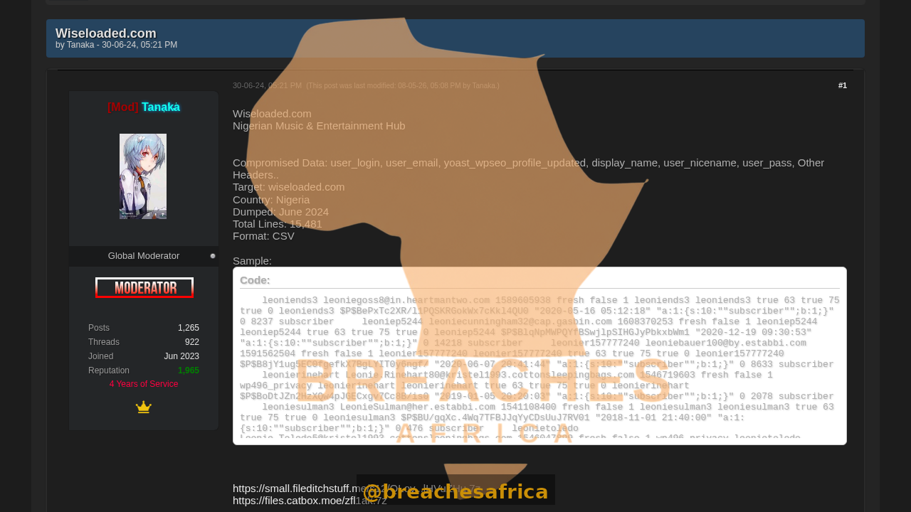 Screenshot of the Wiseloaded leak thread on DarkForums