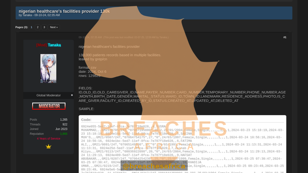 Screenshot of the Nigerian healthcare records leak on DarkForums