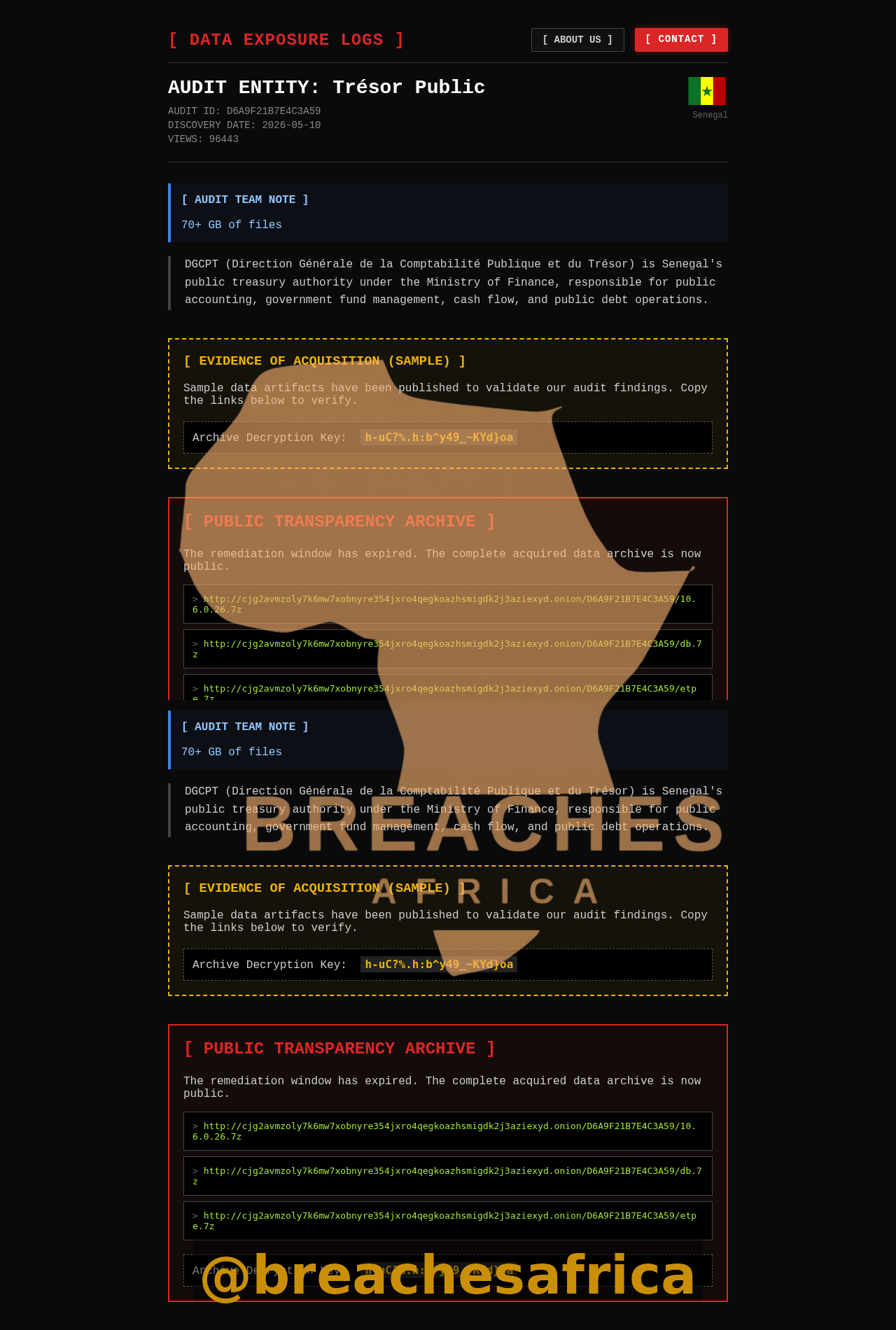 Leak site listing for Trésor Public