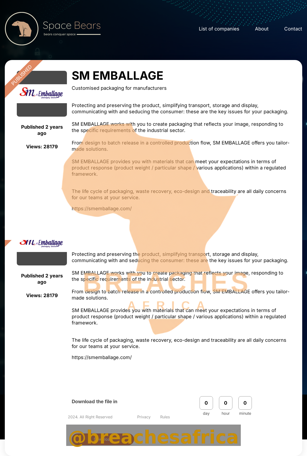 Screenshot of the Space Bears listing for SM Emballage