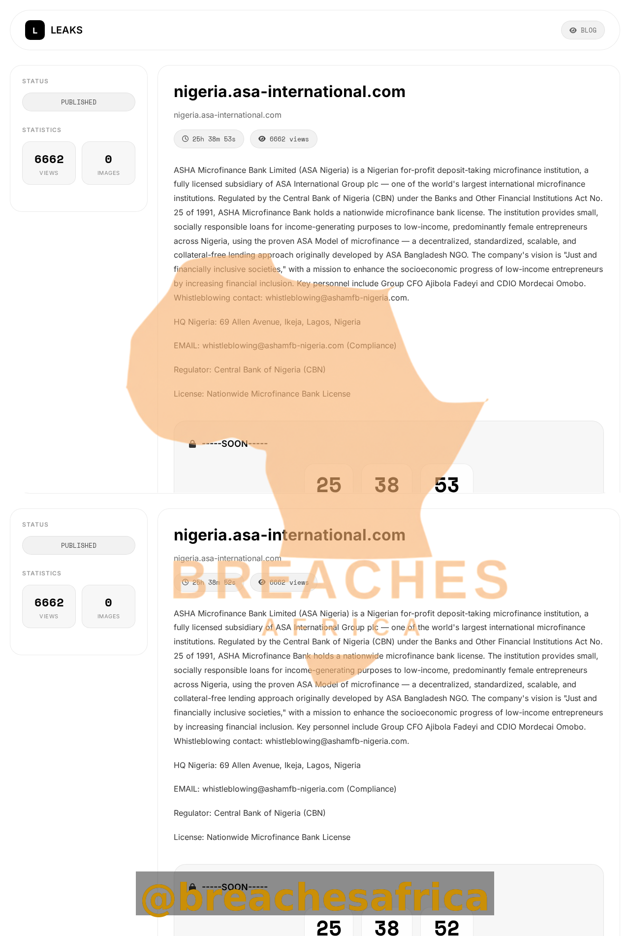 Leak page for ASHA Microfinance Bank on the krybit leak site
