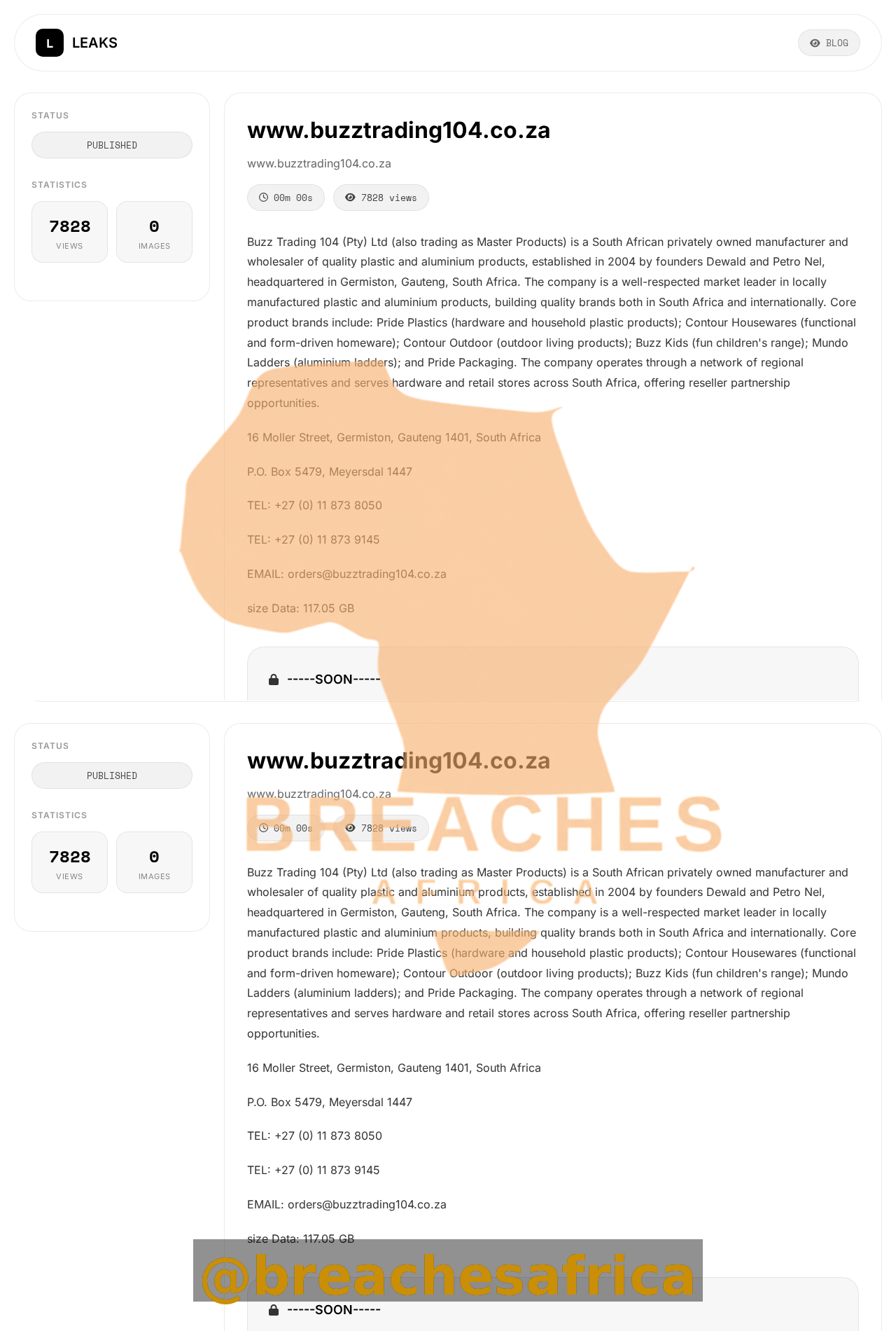 Buzz Trading leak site listing