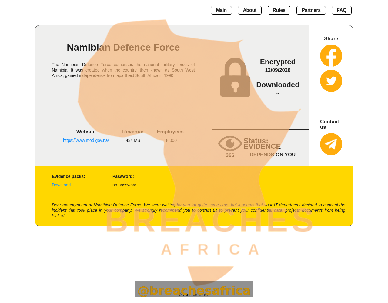Ransomhouse listing for the Namibian Defence Force